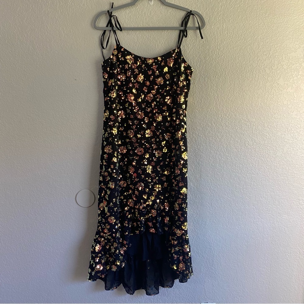 Dress the Population x Cosmopolitan black with sequins high low dress midi